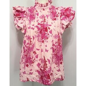 Victoria Dunn Beaufort Blouse Secret Garden Preppy Pink Ruffle Flutter Sleeve XS